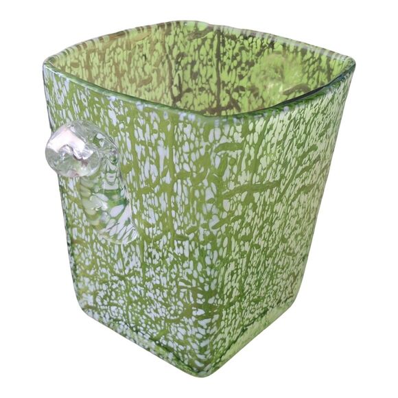 Mid Century Ice Bucket Crackle Art Glass Green Vase Mad Men Barware Vintage - Picture 2 of 10